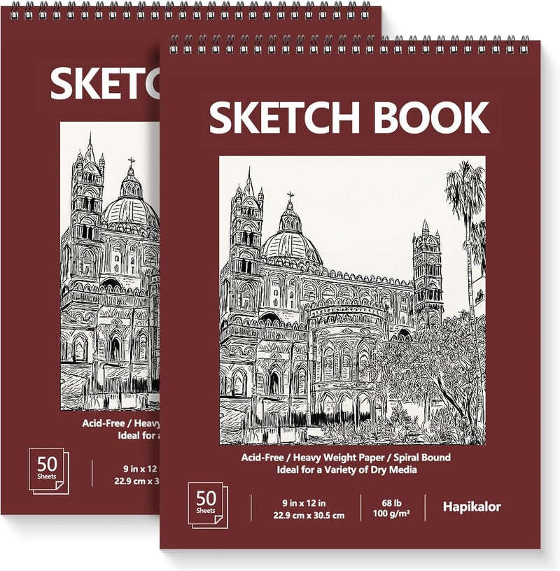 Hapikalor 9" x 12" Sketch Book, 2-Pack 50 Sheets Spiral Bound Art Sketchbook, Acid Free Artist Drawing Book Paper, Art Supplies for Kids, Craft Activities, Sketch Paper for Drawing Coloring Sketching(Brown) - Image 1